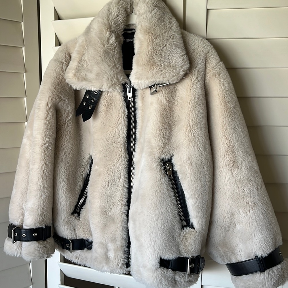 The Kooples Cream Faux Fur Biker Jacket with Black Trim